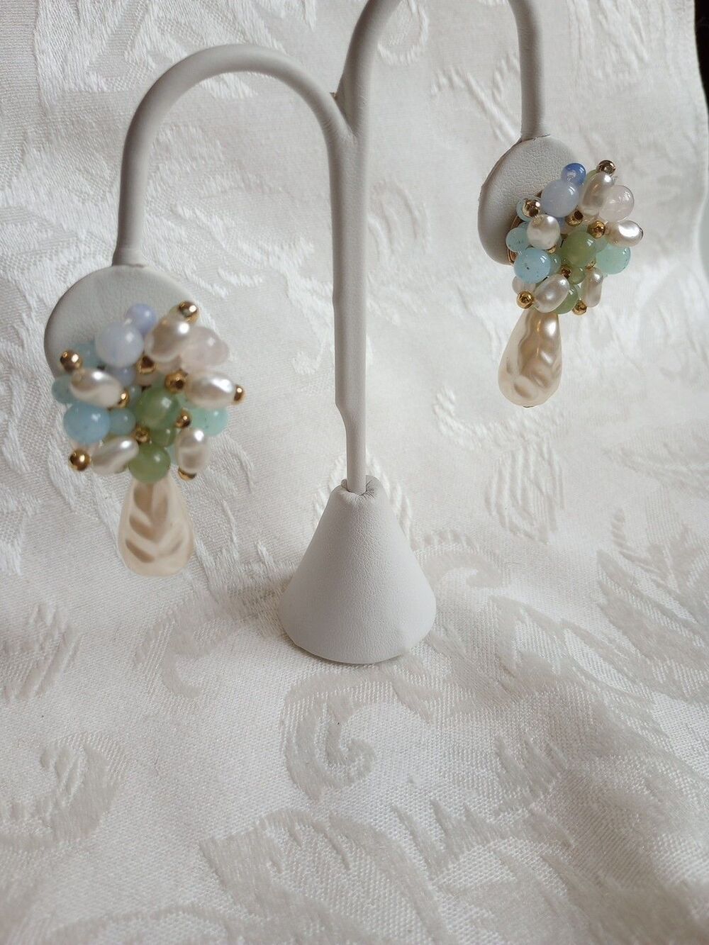Faux Baroque Pearl Dangle Earrings, Blue Green Beads, Vintage 1950s